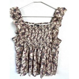 Saks Fifth Avenue Paisley Smocked
Ruffle Sleeve Top Size Med Smocked Square Neck